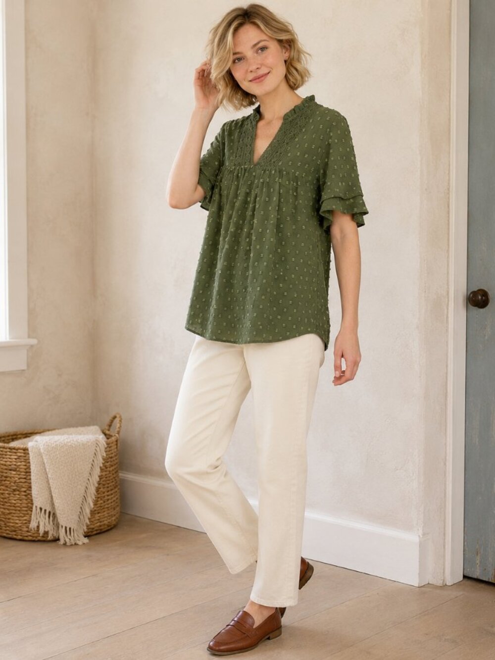 NEW Falechay Olive Green Lace-Trim V-Neck Lace Textured Ruffle Medium Top Blouse